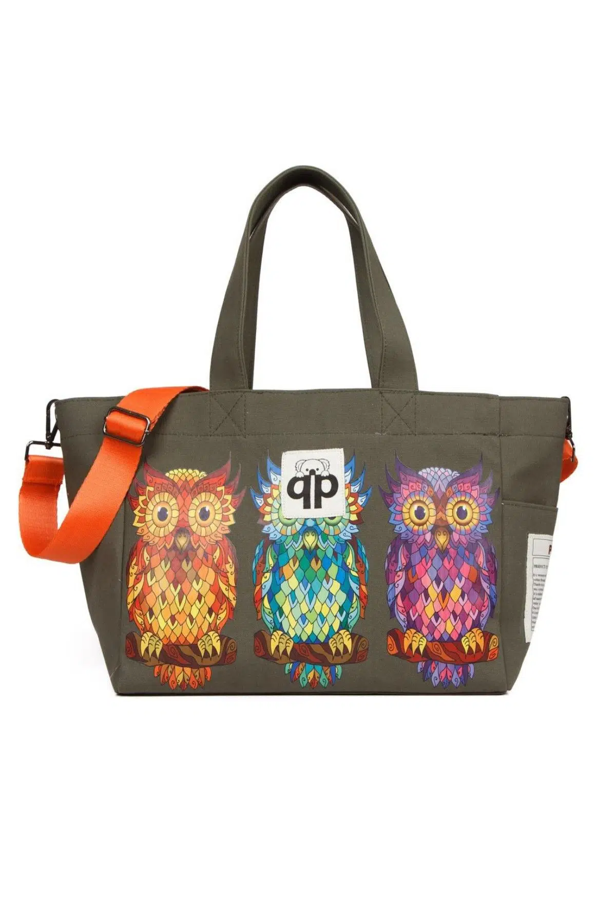 qp Ponza Haki - Baykuş Desenli Kadın El ve Omuz Çantası QP1004-06