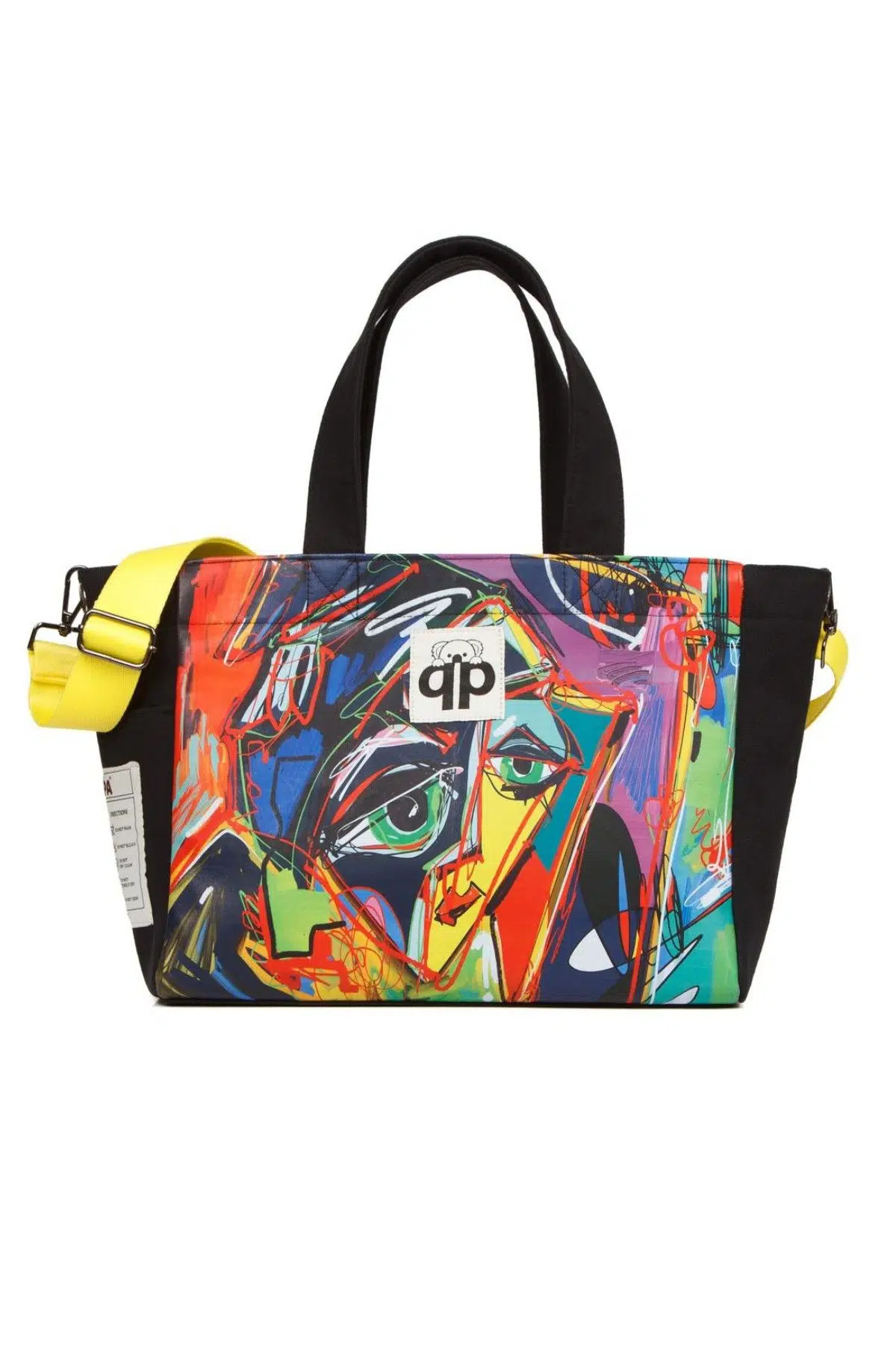 qp Ponza Siyah - Soyut Yüz Desenli Kadın El ve Omuz Çantası QP1004-01